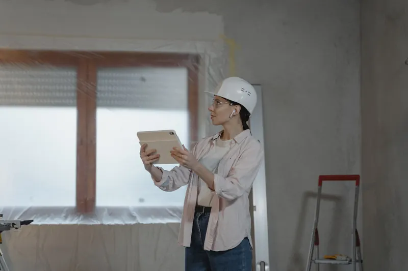 Technicienne consignant ses relevés sur tablette dans une pièce en travaux